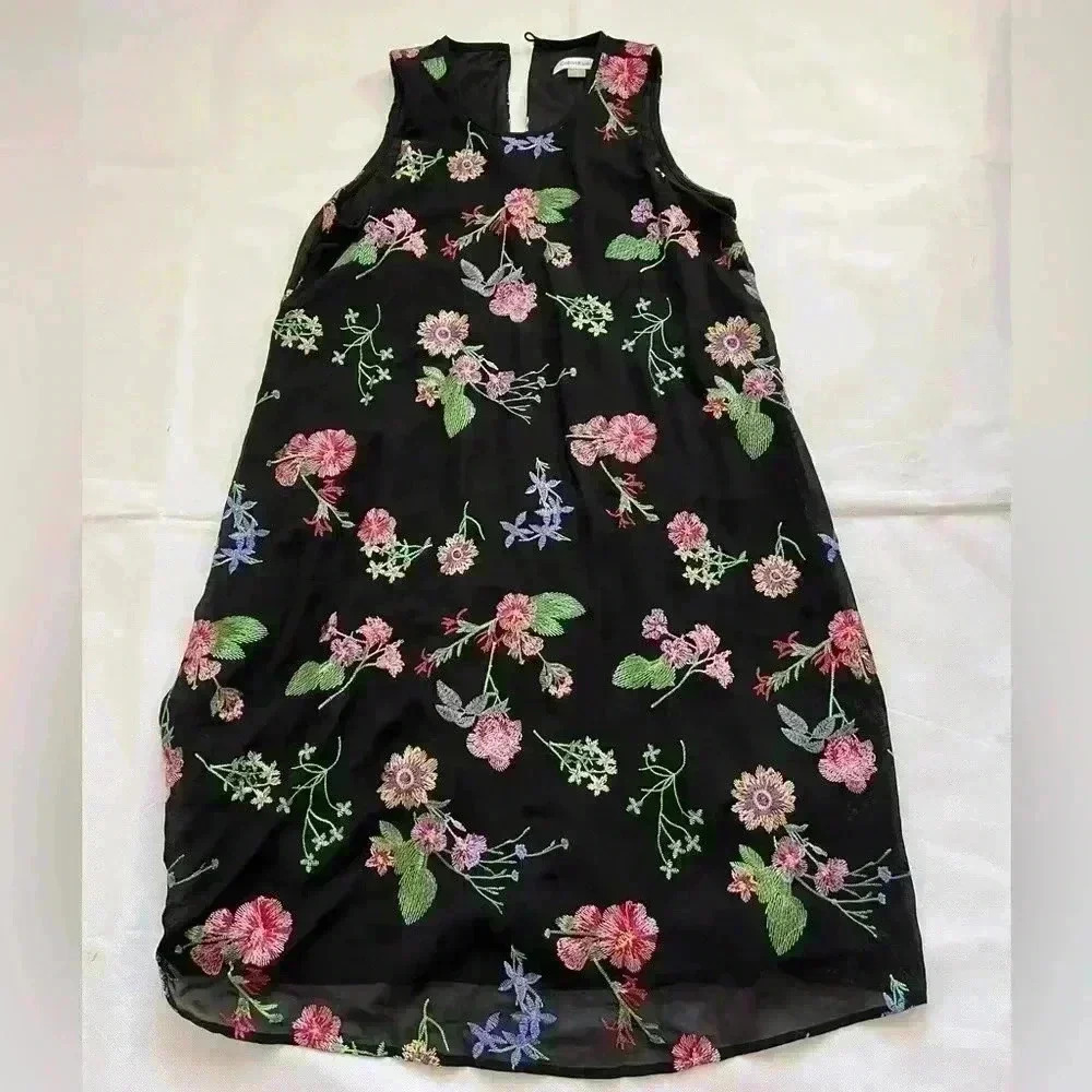 CALVIN KLEIN Women's black Floral Embroidered‎ Sheer Overlay Shift Dress 6